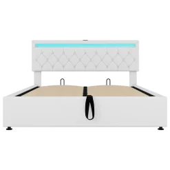 Lit adulte lit 160x200 cm lit rembourré lit de rangement avec lumière ambiante lit double lin blanc