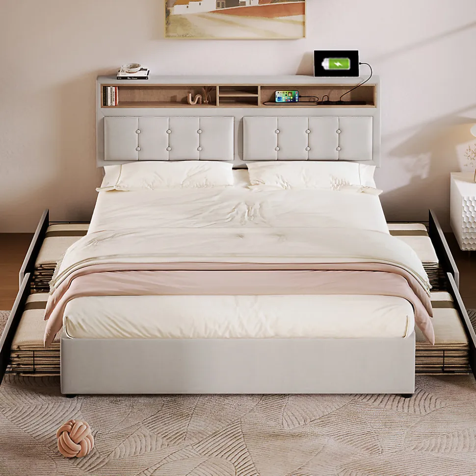 Lit adulte lit 160x200 cm lit rembourré avec quatre tiroirs avec sommier à lattes en bois lit double lin beige