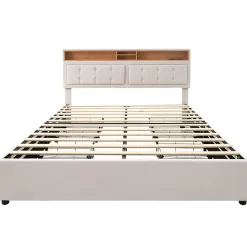 Lit adulte lit 160x200 cm lit rembourré avec quatre tiroirs avec sommier à lattes en bois lit double lin beige