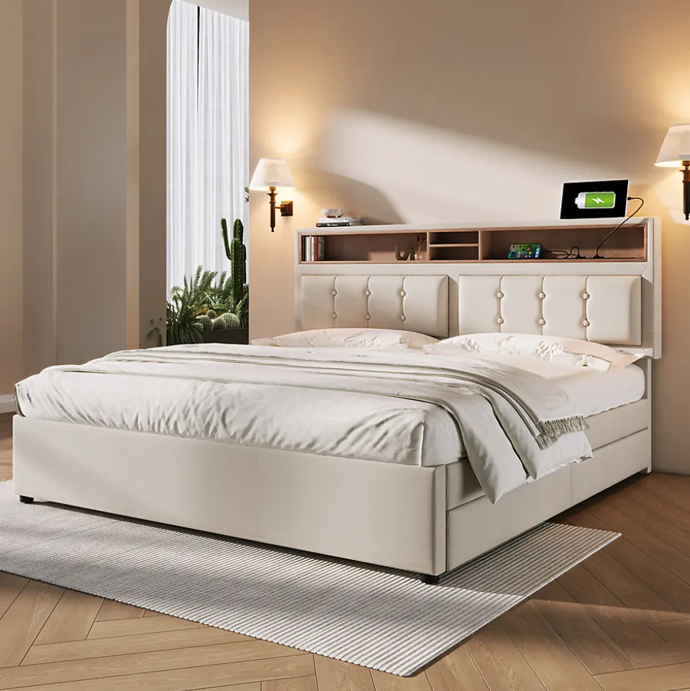 Lit adulte lit 160x200 cm lit rembourré avec quatre tiroirs avec sommier à lattes en bois lit double lin beige
