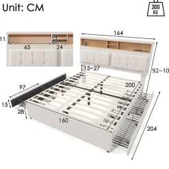 Lit adulte lit 160x200 cm lit rembourré avec quatre tiroirs avec sommier à lattes en bois lit double lin beige