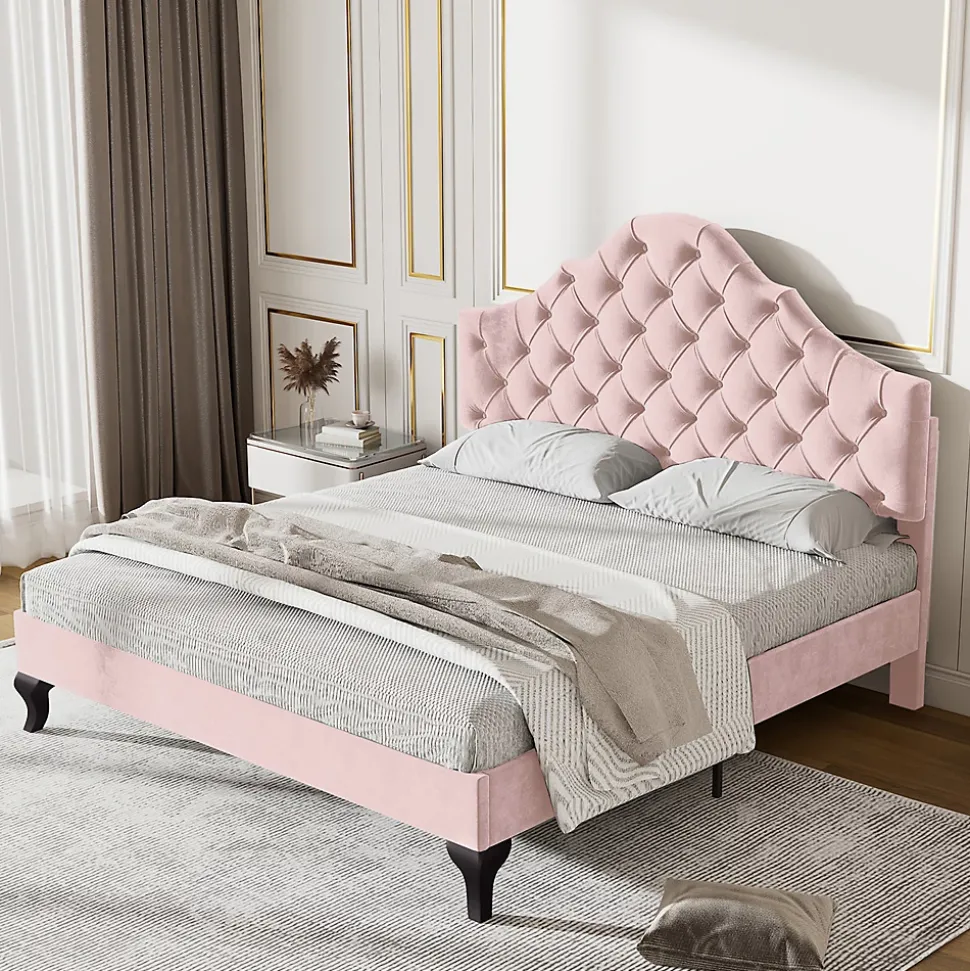 Lit adulte lit 140x200 cm lit rembourré avec sommier à lattes lit double velours rose