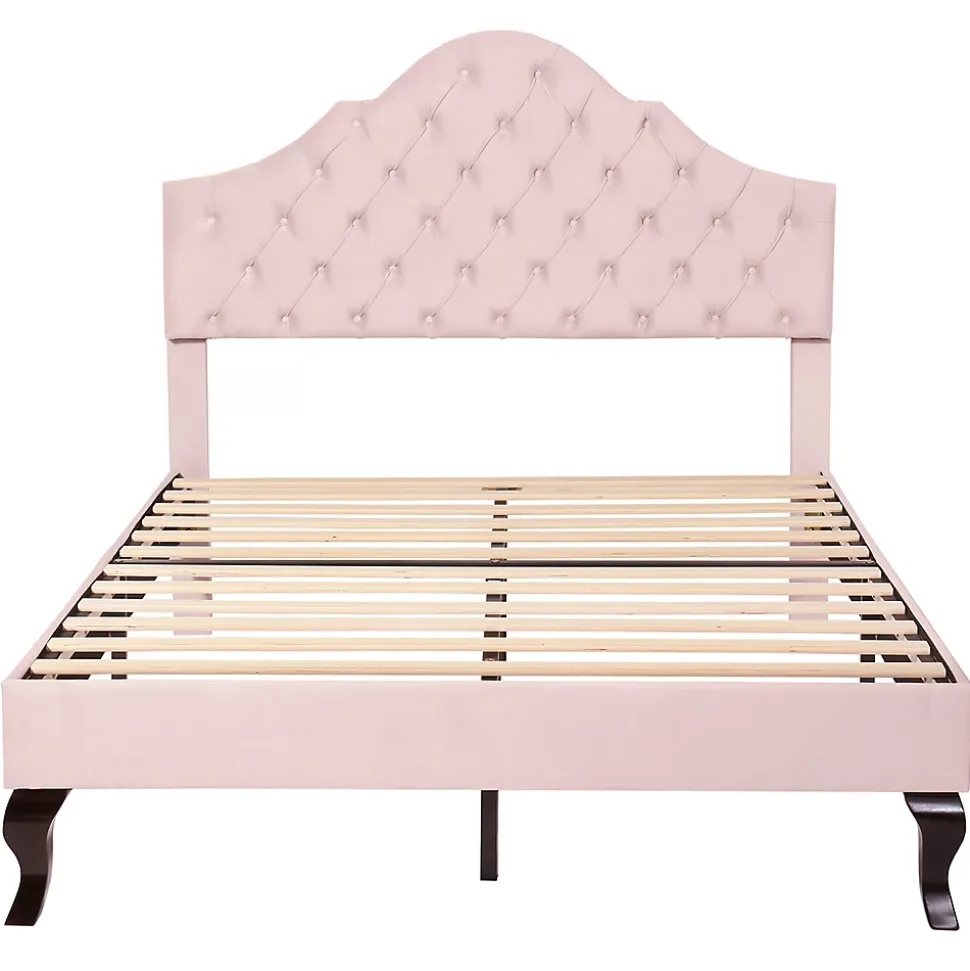 Lit adulte lit 140x200 cm lit rembourré avec sommier à lattes lit double velours rose