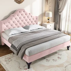 Lit adulte lit 140x200 cm lit rembourré avec sommier à lattes lit double velours rose