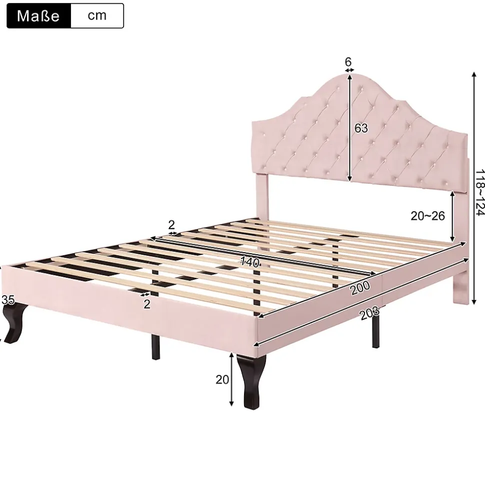 Lit adulte lit 140x200 cm lit rembourré avec sommier à lattes lit double velours rose