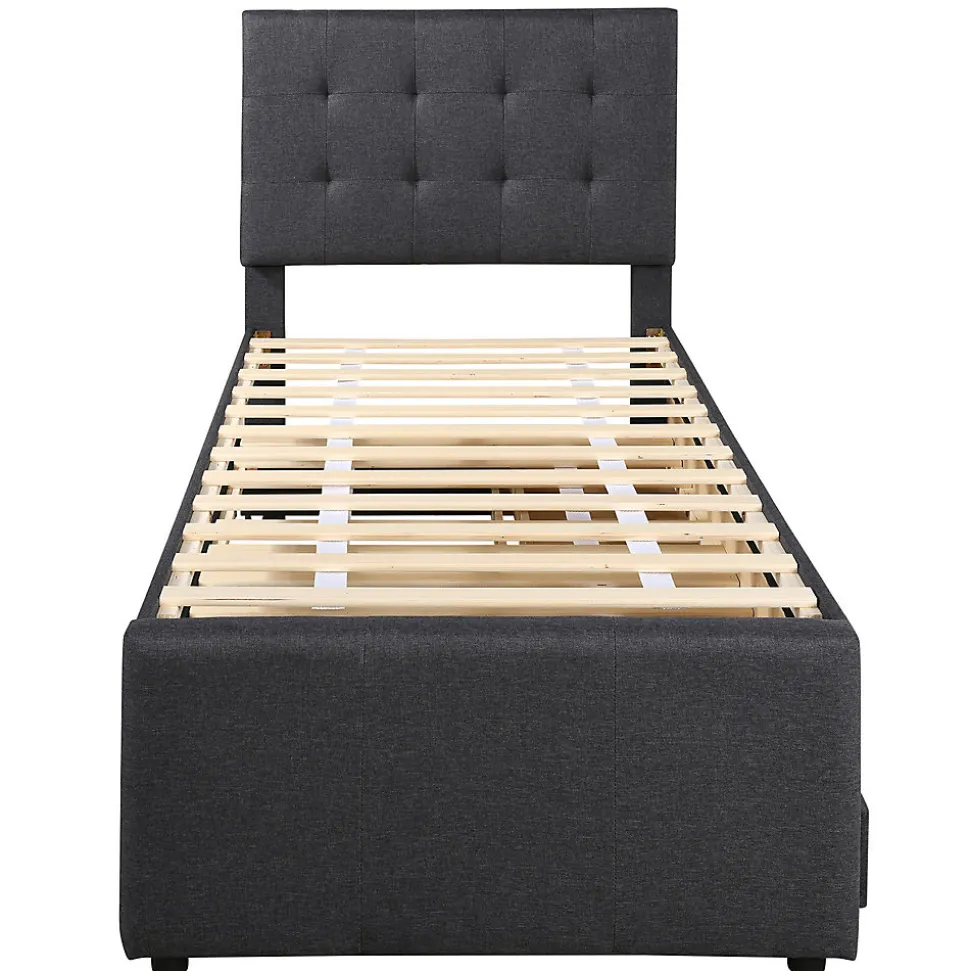 Lit adulte lit 90x200 cm lit rembourré avec trois tiroirs Single lin gris