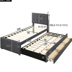 Lit adulte lit 90x200 cm lit rembourré avec trois tiroirs Single lin gris