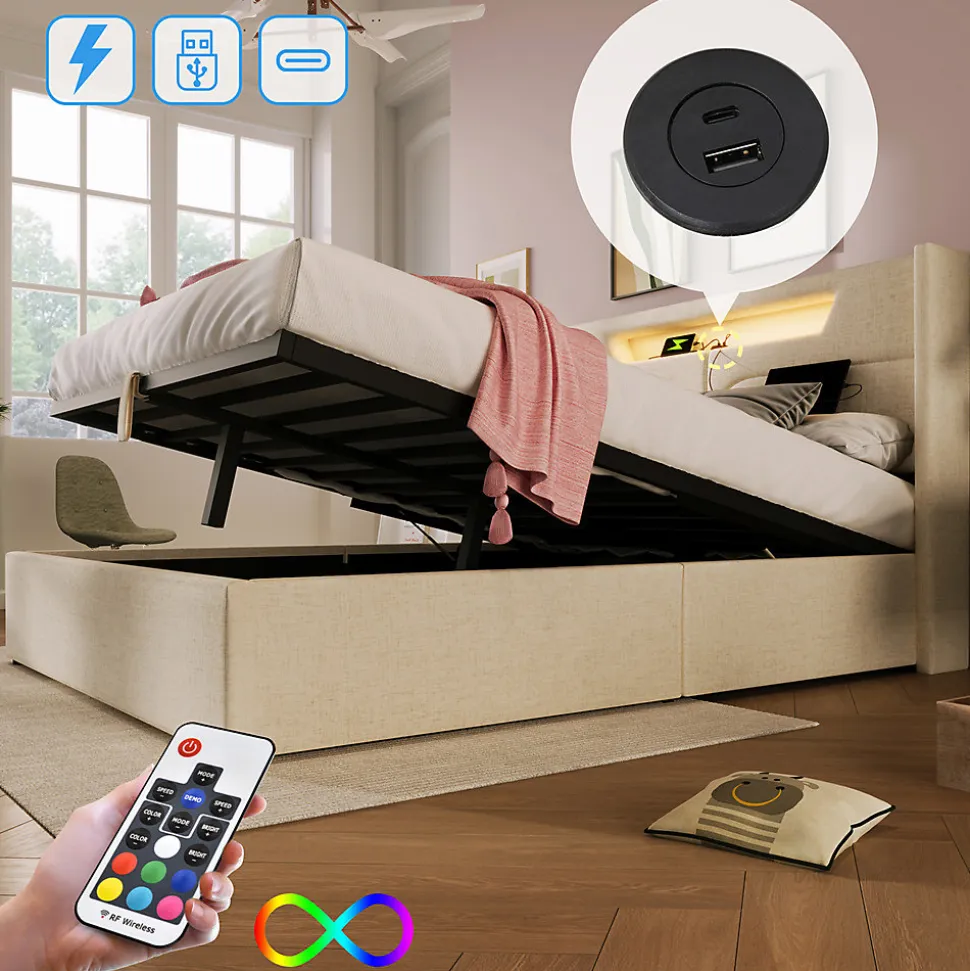 Lit adulte lit 140x200 cm lit rembourré lit de rangement lit sommier à lattes en bois lit double lin beige