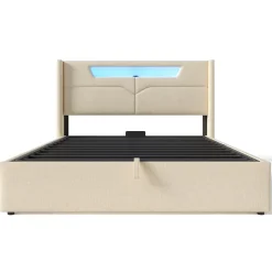 Lit adulte lit 140x200 cm lit rembourré lit de rangement lit sommier à lattes en bois lit double lin beige