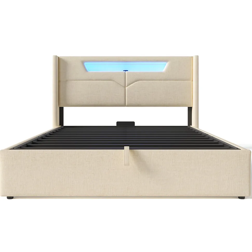 Lit adulte lit 140x200 cm lit rembourré lit de rangement lit sommier à lattes en bois lit double lin beige