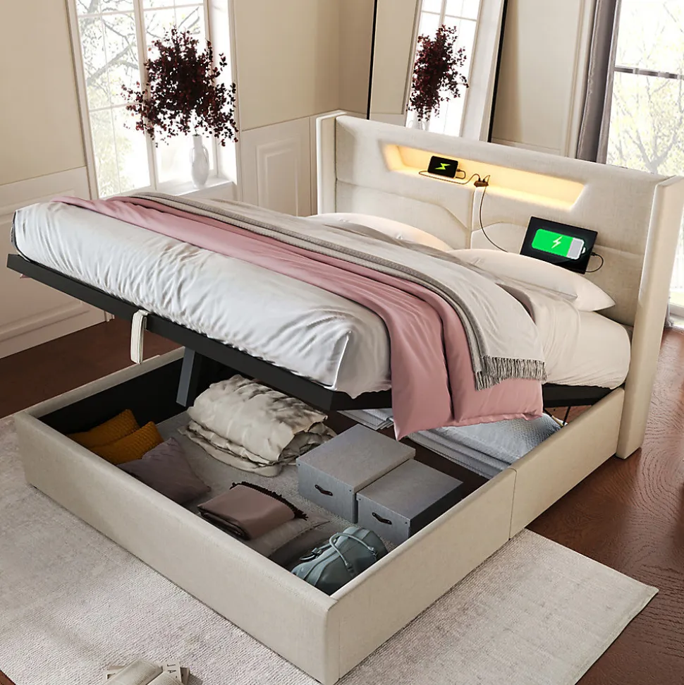 Lit adulte lit 140x200 cm lit rembourré lit de rangement lit sommier à lattes en bois lit double lin beige