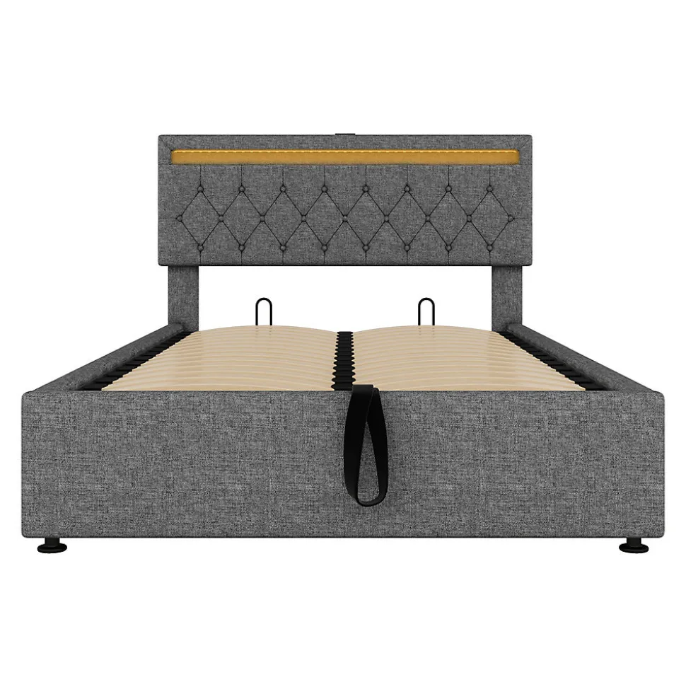 Lit adulte lit 140x200 cm lit rembourré lit de rangement avec lumière ambiante lit double lin gris