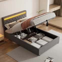 Lit adulte lit 140x200 cm lit rembourré lit de rangement avec lumière ambiante lit double lin gris