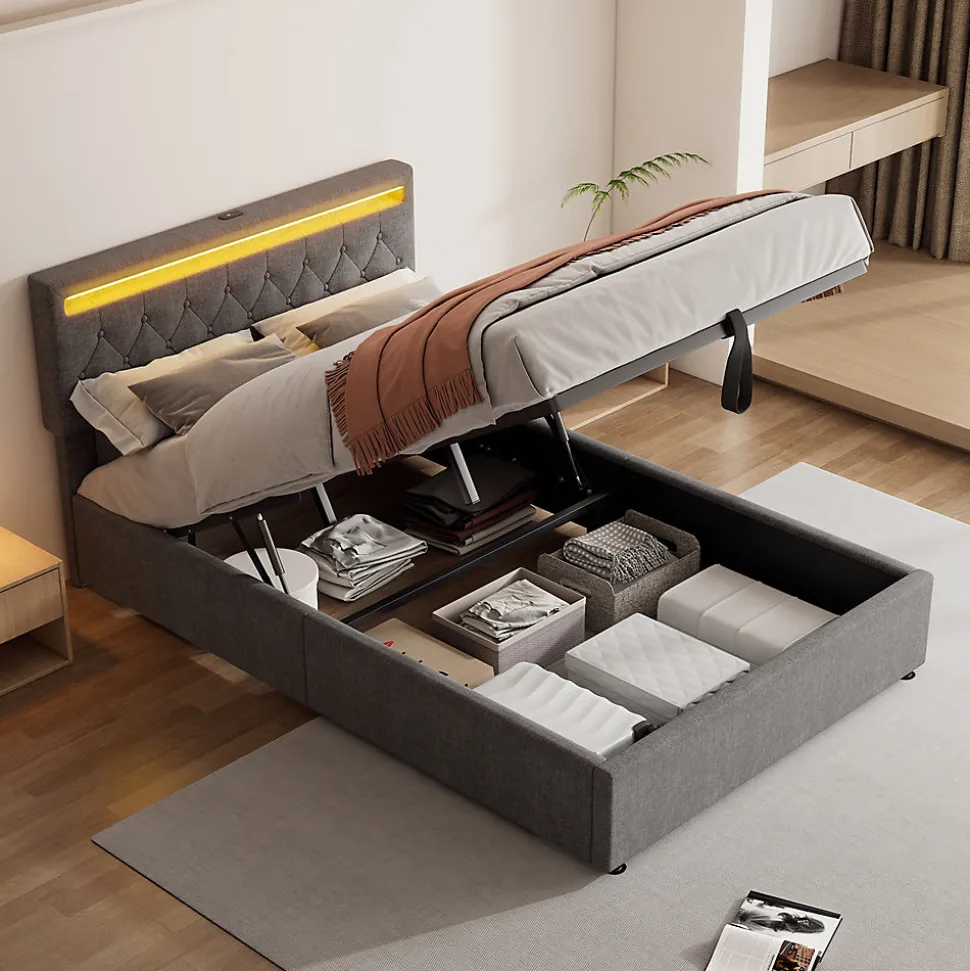 Lit adulte lit 140x200 cm lit rembourré lit de rangement avec lumière ambiante lit double lin gris