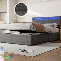 Lit adulte lit 140x200 cm lit rembourré lit de rangement avec lumière ambiante lit double lin gris