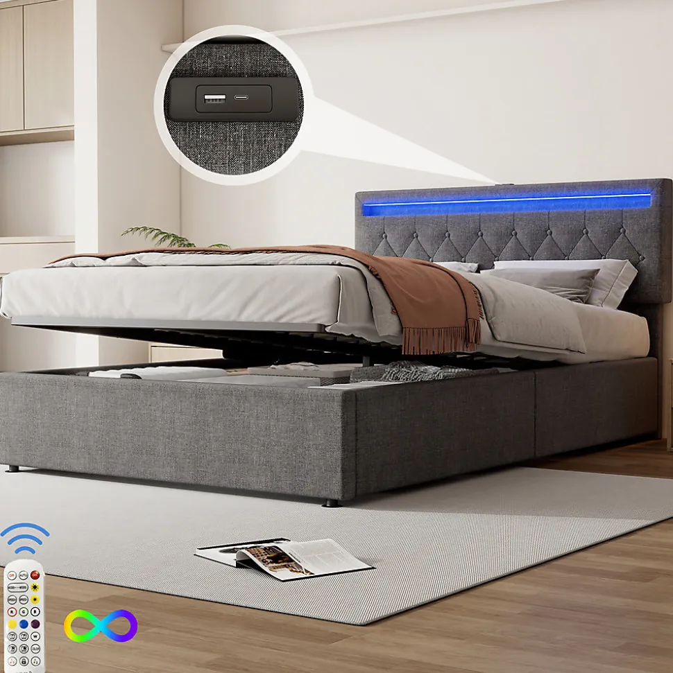 Lit adulte lit 140x200 cm lit rembourré lit de rangement avec lumière ambiante lit double lin gris