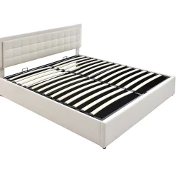 Lit adulte lit 180x200 cm lit rembourré lit de rangement lit sommier à lattes lit barre d'éclairage led lit double cuir pu blanc