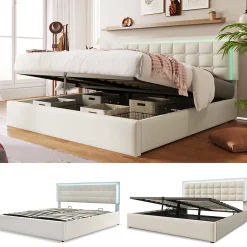 Lit adulte lit 180x200 cm lit rembourré lit de rangement lit sommier à lattes lit barre d'éclairage led lit double cuir pu blanc