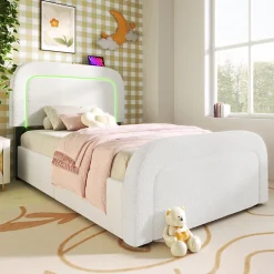 Lit adulte lit 90x200 cm lit rembourré lit éclairage led lit 2 tiroirs lit sommier à lattes en bois Single sherpa blanc