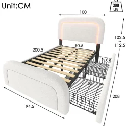 Lit adulte lit 90x200 cm lit rembourré lit éclairage led lit 2 tiroirs lit sommier à lattes en bois Single sherpa blanc