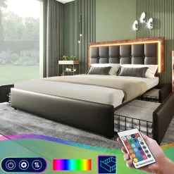Lit adulte lit 140x200 cm lit rembourré avec bandeau lumineux led et 4 tiroirs lit double pu noir