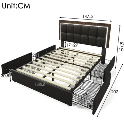 Lit adulte lit 140x200 cm lit rembourré avec bandeau lumineux led et 4 tiroirs lit double pu noir
