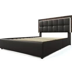 Lit adulte lit 140x200 cm lit rembourré avec bandeau lumineux led et 4 tiroirs lit double pu noir