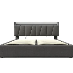 Lit adulte lit 140x200 cm lit rembourré avec éclairage led lit de rangement lit double lin gris