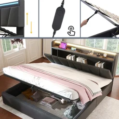 Lit adulte lit 140x200 cm lit rembourré avec éclairage led lit de rangement lit double lin gris