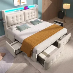 Lit adulte lit 140x200 cm lit rembourré lit 4 tiroirs lit de rangement avec sommier à lattes en bois lit double coton lin beige