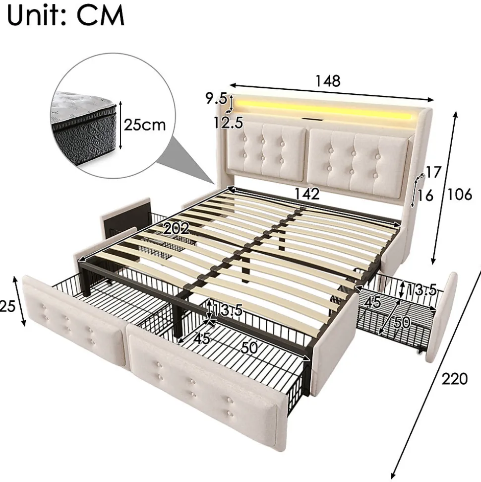 Lit adulte lit 140x200 cm lit rembourré lit 4 tiroirs lit de rangement avec sommier à lattes en bois lit double coton lin beige