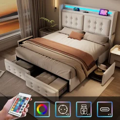 Lit adulte lit 140x200 cm lit rembourré lit 4 tiroirs lit de rangement avec sommier à lattes en bois lit double coton lin beige