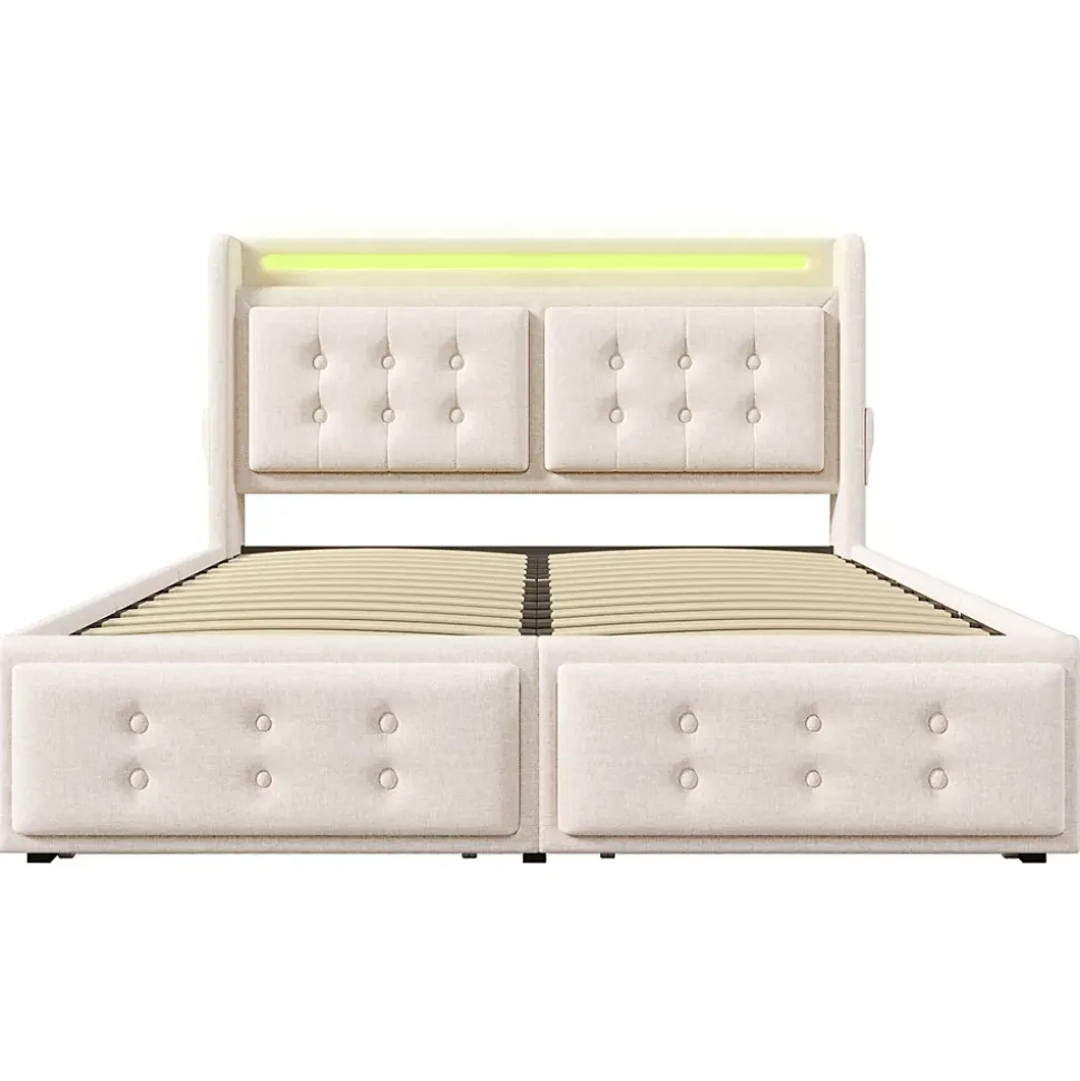 Lit adulte lit 140x200 cm lit rembourré lit 4 tiroirs lit de rangement avec sommier à lattes en bois lit double coton lin beige