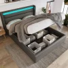 Lit adulte lit 140x200 cm lit rembourré hydraulique lit de rangement lit barre d'éclairage led lit double pu gris