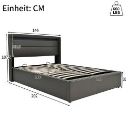 Lit adulte lit 140x200 cm lit rembourré hydraulique lit de rangement lit barre d'éclairage led lit double pu gris