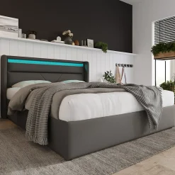 Lit adulte lit 140x200 cm lit rembourré hydraulique lit de rangement lit barre d'éclairage led lit double pu gris