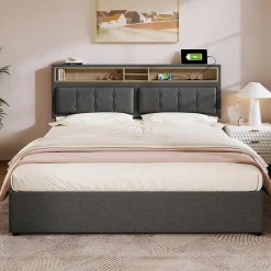 Lit adulte lit 160x200 cm lit rembourré avec quatre tiroirs avec sommier à lattes en bois lit double lin gris