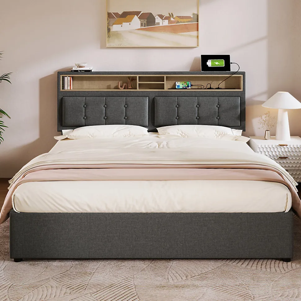 Lit adulte lit 160x200 cm lit rembourré avec quatre tiroirs avec sommier à lattes en bois lit double lin gris