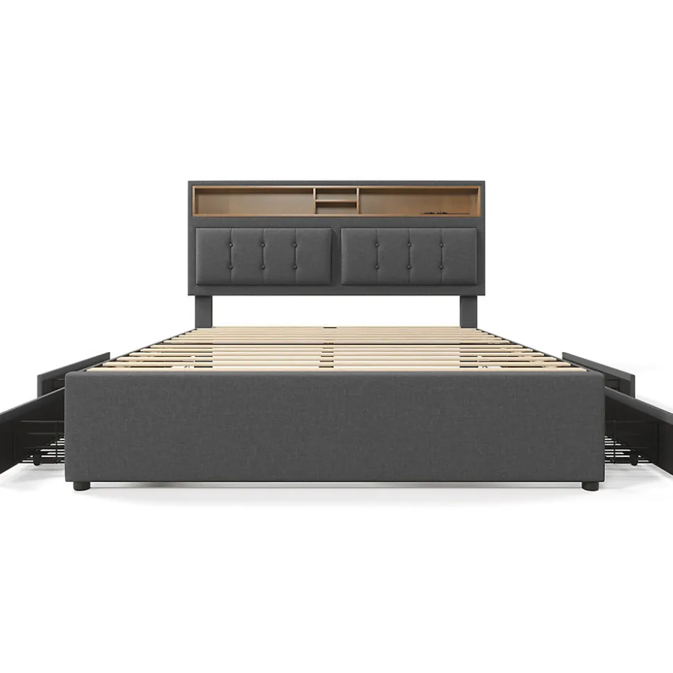 Lit adulte lit 160x200 cm lit rembourré avec quatre tiroirs avec sommier à lattes en bois lit double lin gris