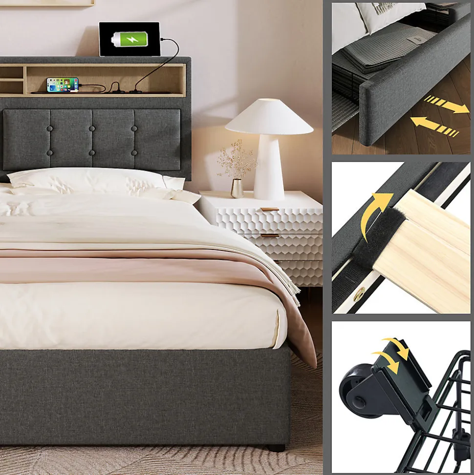 Lit adulte lit 160x200 cm lit rembourré avec quatre tiroirs avec sommier à lattes en bois lit double lin gris