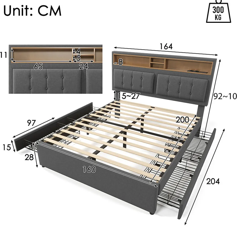 Lit adulte lit 160x200 cm lit rembourré avec quatre tiroirs avec sommier à lattes en bois lit double lin gris
