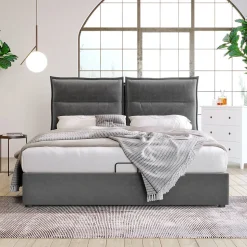Lit adulte lit 140x200 cm lit rembourré hydraulique lit de rangement lit double velours gris