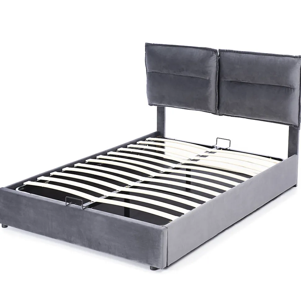 Lit adulte lit 140x200 cm lit rembourré hydraulique lit de rangement lit double velours gris