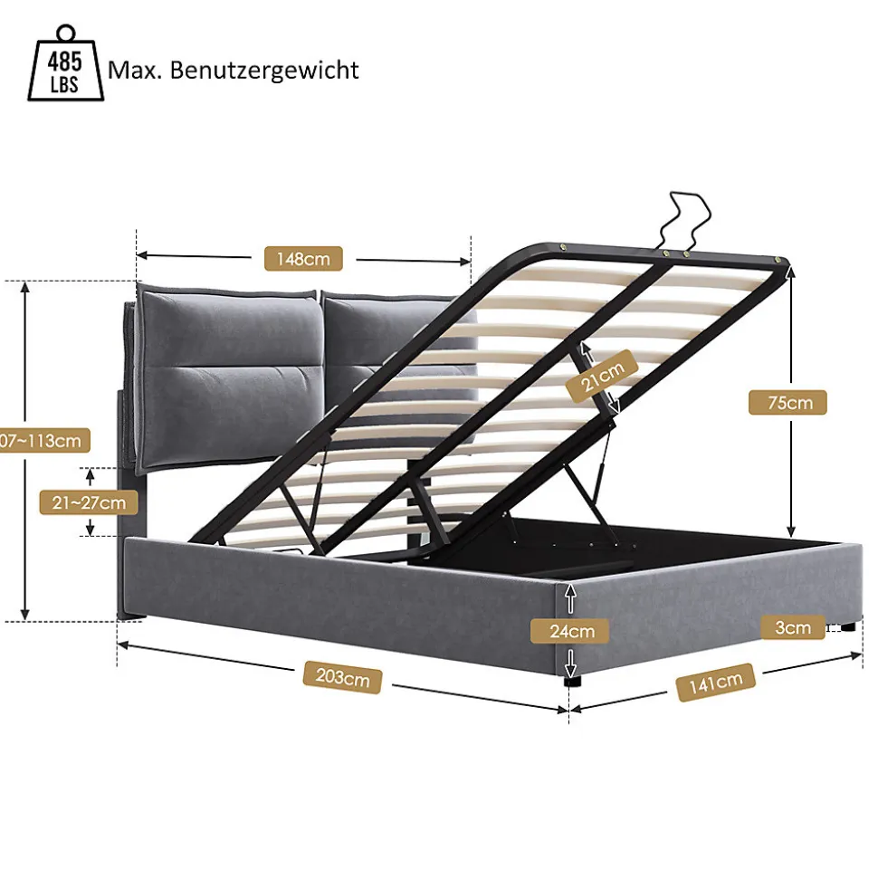 Lit adulte lit 140x200 cm lit rembourré hydraulique lit de rangement lit double velours gris
