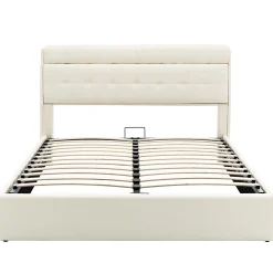 Lit adulte lit 140x200 cm lit rembourré hydraulique lit double avec sommier à lattes pu blanc crème