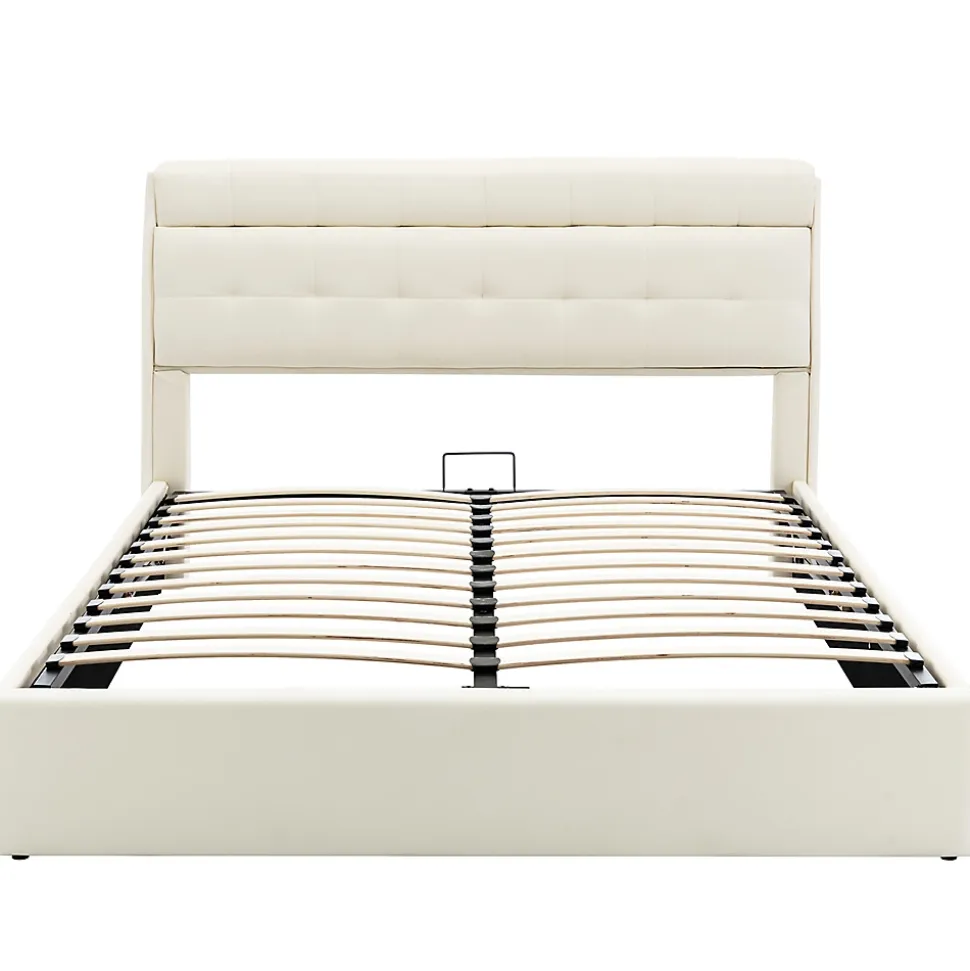 Lit adulte lit 140x200 cm lit rembourré hydraulique lit double avec sommier à lattes pu blanc crème