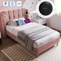 Lit adulte lit 90x200 cm lit rembourré avec fonction de charge usb type c Single velours rose