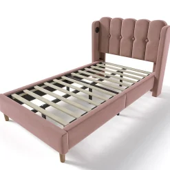 Lit adulte lit 90x200 cm lit rembourré avec fonction de charge usb type c Single velours rose