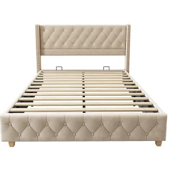 Lit adulte lit 160x200 cm lit rembourré lit rembourrage à rivets lit pieds en bois velours beige clair