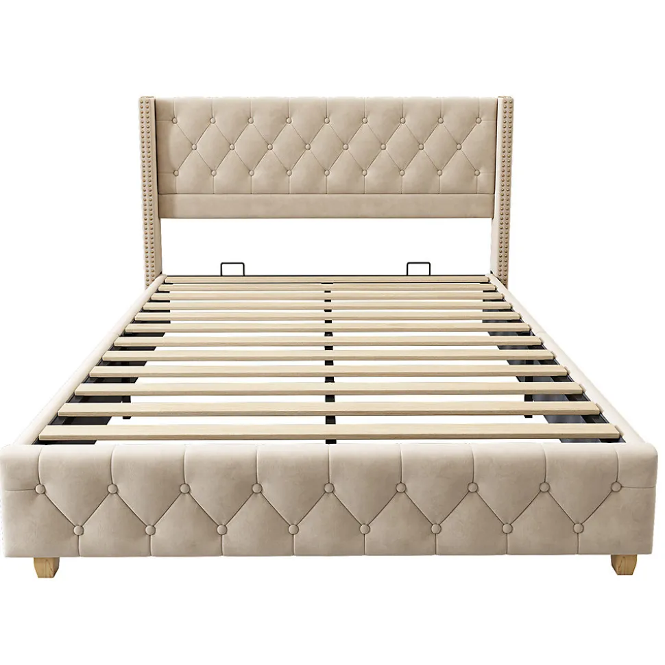 Lit adulte lit 160x200 cm lit rembourré lit rembourrage à rivets lit pieds en bois velours beige clair